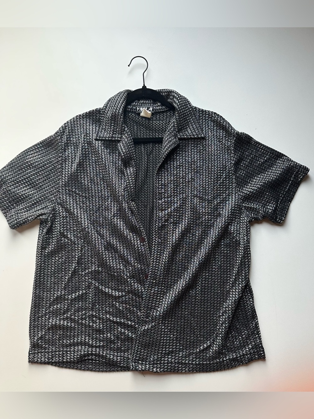 Vintage YMLA Men's Black Metallic Mesh Short-Sleeve Dress Shirt Made in USA-Med